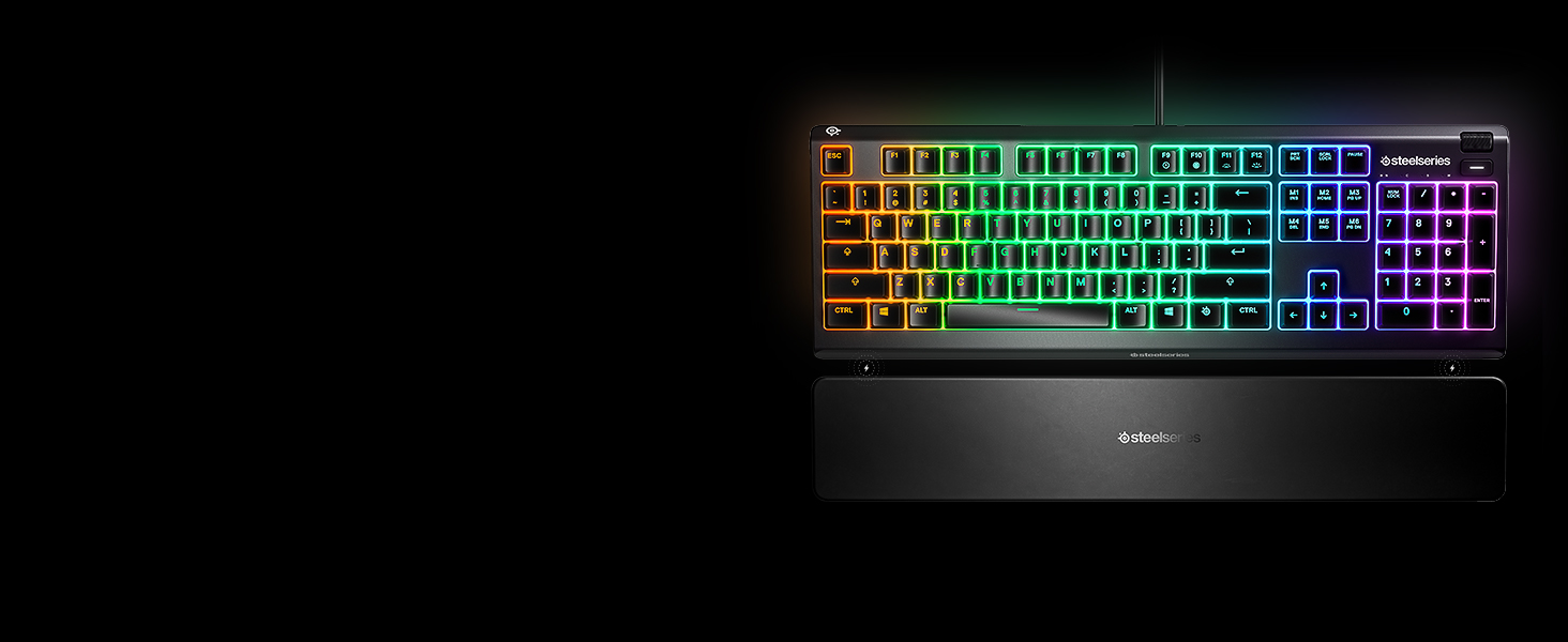 Клавіатура SteelSeries Apex 3 для ігор - RGB підсвічування 10 зон, магнітна підставка для зап'ястя, QWERTY (Nordic), чорний колір