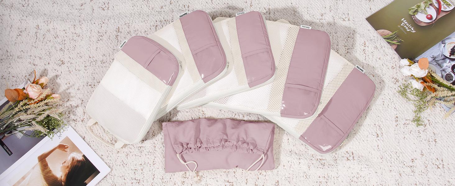 Набір органайзерів для валізи Narwey (6 шт.) - кубики для пакування з компресією, бежевий. Організація подорожей та зручне пакування речей.