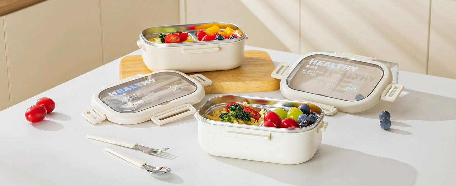 Ланчбокс Lille Home з нержавіючої сталі з 2 відділеннями, 850 мл, витокозахисний, з сумкою та столовим прибором, BPA-free (Бежевий)