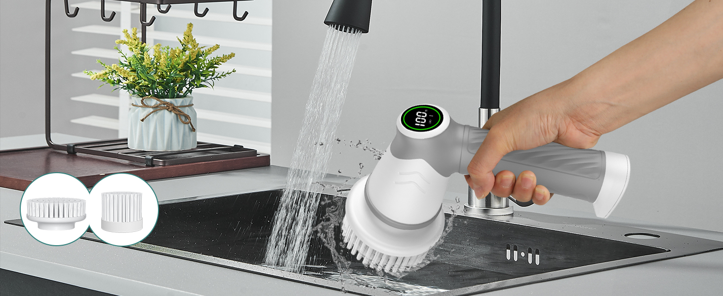 Електрична щітка для прибирання 7 в 1 з регульованою ручкою, змінними насадками, 2 швидкості, для ванни, плитки, IPX7, білий/сірий колір