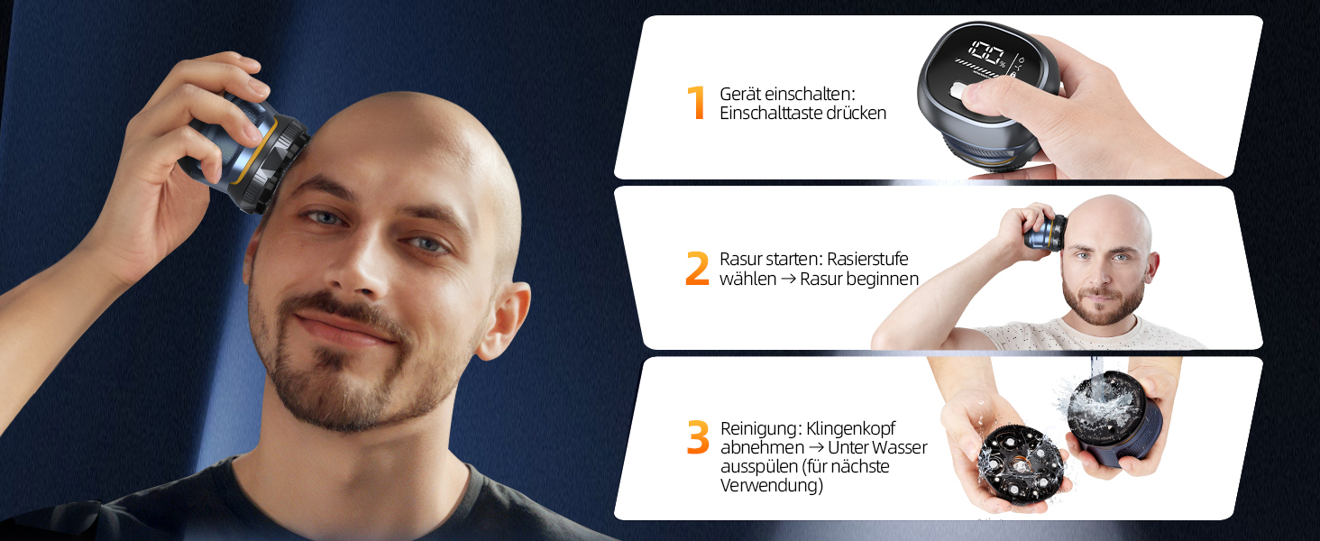 Електрична бритва для гоління голови Glatzen 6D, чоловіча, 2 режими, магнітна, IPX7 водонепроникна, Type-C, для сухого та вологого гоління 0.0 мм