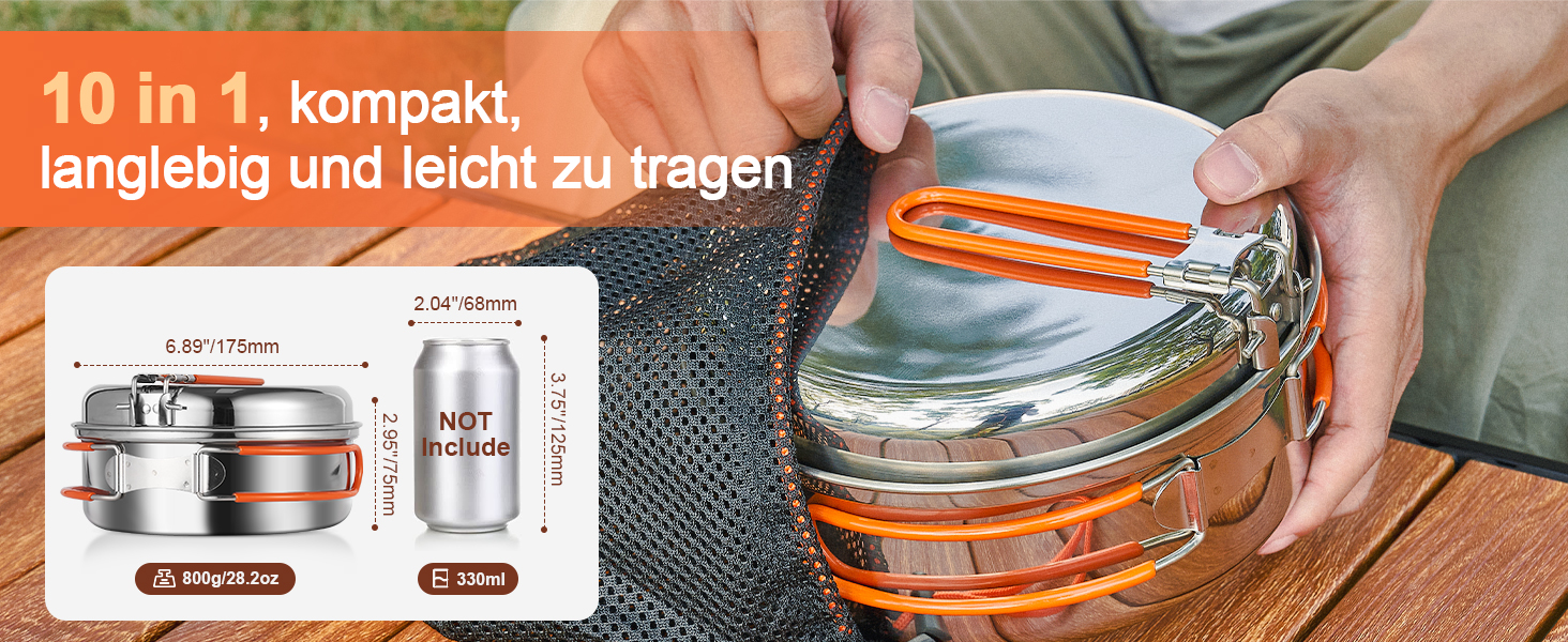 Набір посуду для кемпінгу Odoland: каструля, сковорода, тарілки, миски, столові прибори (15 предметів) з нержавіючої сталі з антипригарним покриттям. Ідеально для кемпінгу, пікніків, трекінгу та подорожей на 2 особи