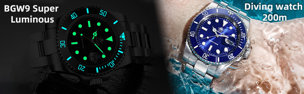 Годинник чоловічий ADDIESDIVE з кварцовим механізмом, аналоговий, водостійкий 20bar, з нержавіючої сталі, великий, зі світловідбиваючим покриттям (морський блакитний)