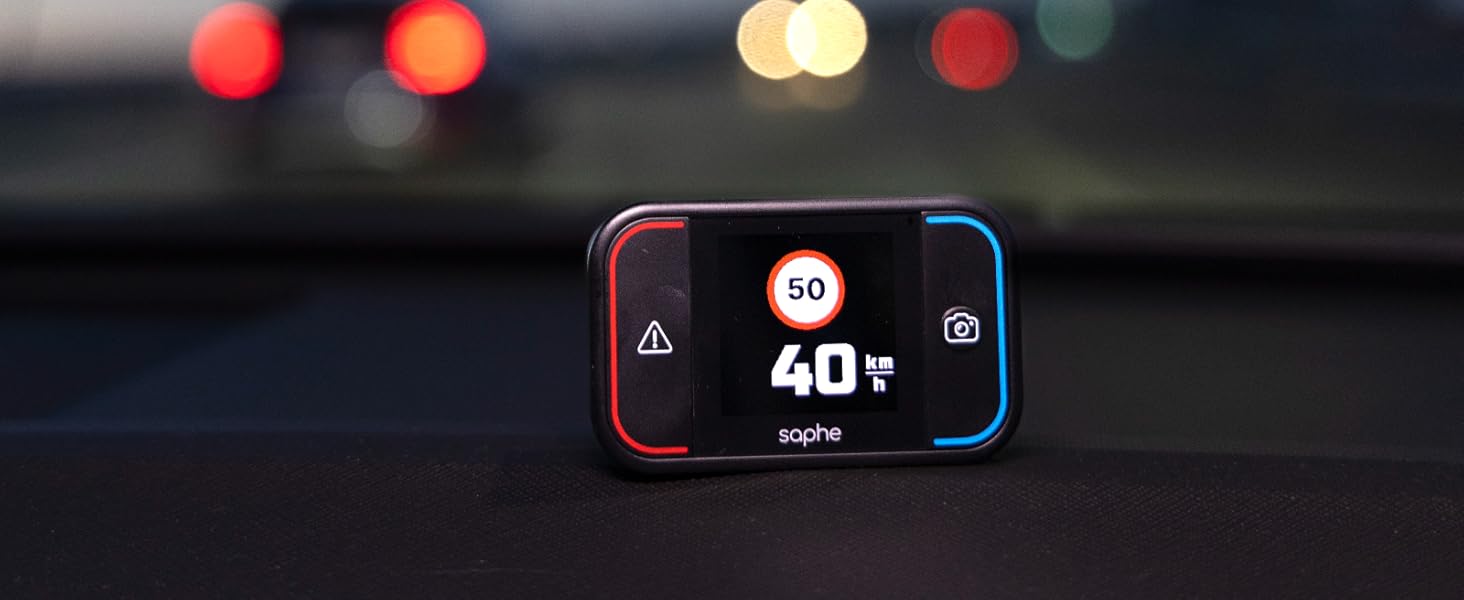 Радар-детектор Saphe Drive Pro для авто з кольоровим дисплеєм, сумісний з CarPlay та Android Auto, сповіщення про радари і небезпеки, дані Blitzer.de, підписка на 12 місяців