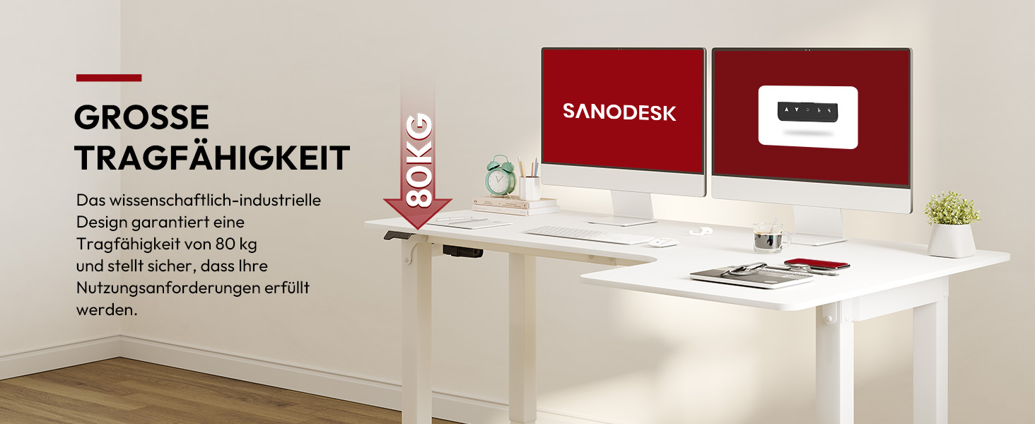 Регульований стіл Sanodesk 180x110 см (білий) - L-подібний, з двома моторами та пам'яттю