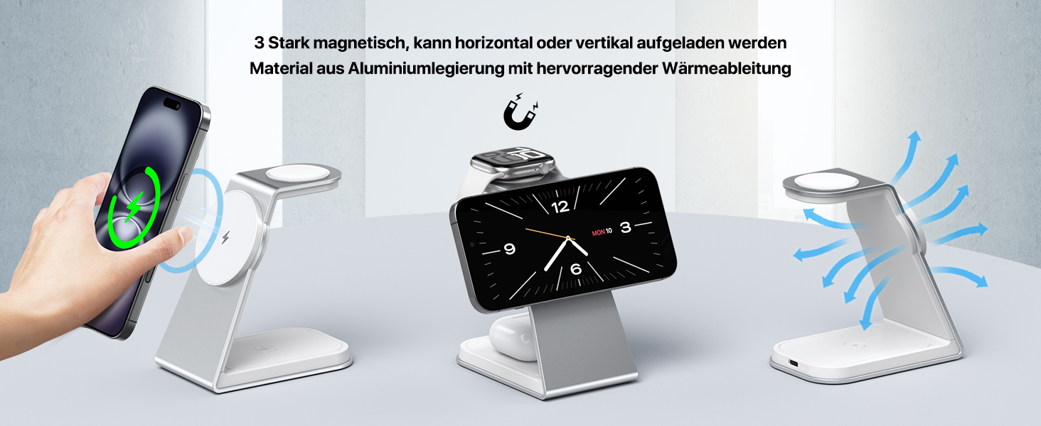 Зарядний стан MagSafe 3 в 1: для Apple Watch, iPhone та AirPods Pro 3/2. Бездротова зарядка для iPhone 16/15/14/13/12 (срібло)