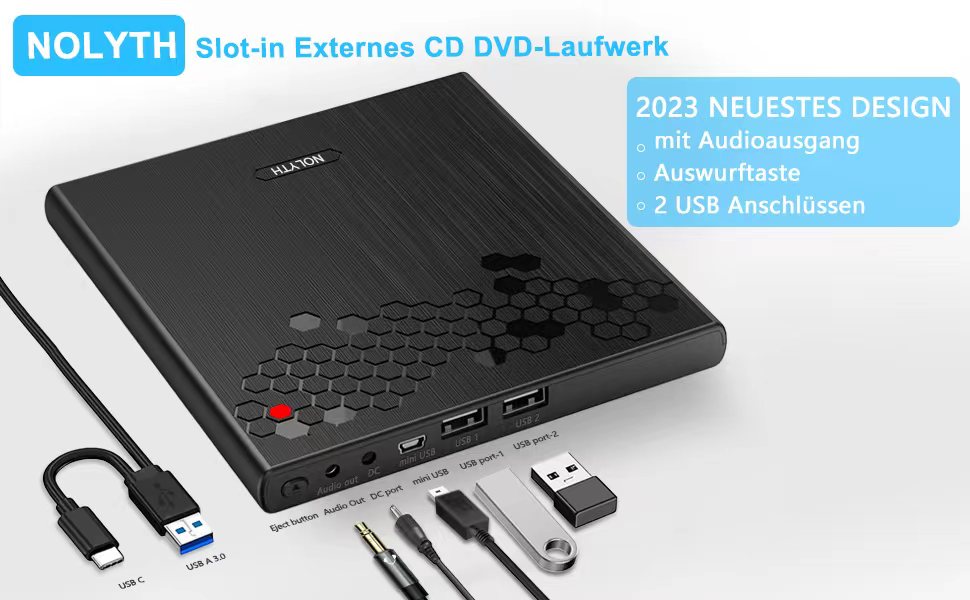 Зовнішній CD/DVD привід для ноутбука USB-C: слот-ін DVD-брунер та плеєр для Mac, MacBook, Windows з кнопкою вильоту