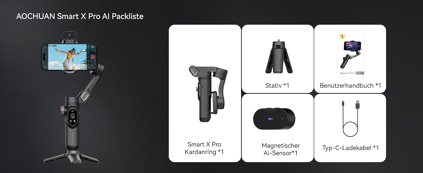 Стабілізатор для смартфона AOCHUAN 3-осьовий з RGB-підсвічуванням, для iPhone/Android, з функцією відстеження обличчя, для зйомки Vlog (Smart X Pro AI, Чорний)