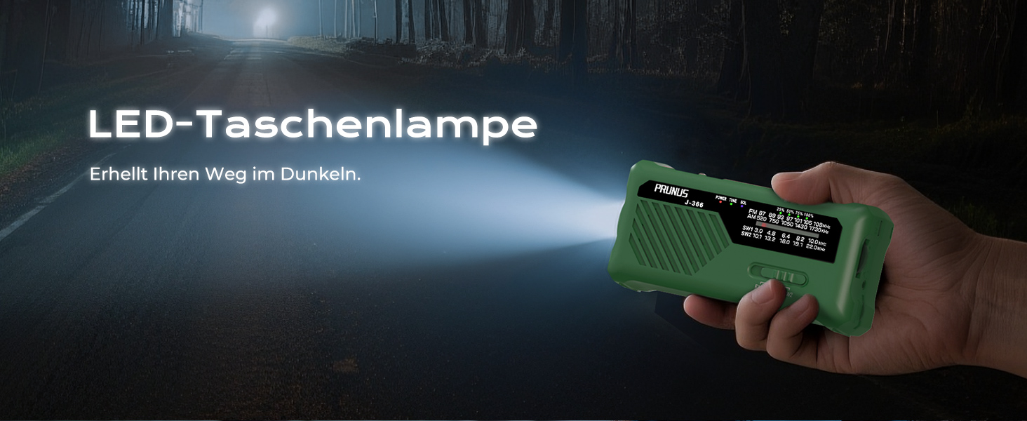 Радіо PRUNUS J-366 FM/AM/SW з ручним заводом, акумулятором 2000mAh та функцією зарядки телефону - аварійне радіо з ліхтариком, SOS сигналом, для подорожів, чорне/зелене