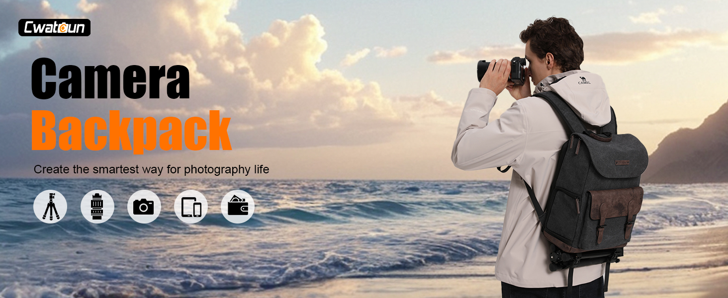 Водонепроникний рюкзак для камери Cwatcun з брезенту, професійний фоторюкзак, вінтажний стиль, сумісний з Sony, Canon, Nikon (S, чорний)