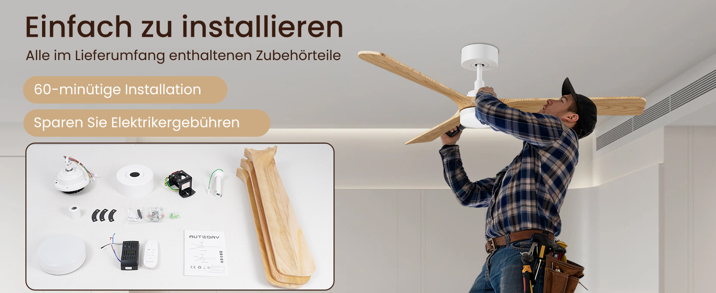 Стеляний вентилятор Holz з підсвічуванням, тихий DC-двигун, 90 см, для вулиці, 3 дерев'яні лопаті, регульоване LED-освітлення 24W, пульт з пам'яттю, 6 швидкостей, таймер (дерево, 52 дюйми)