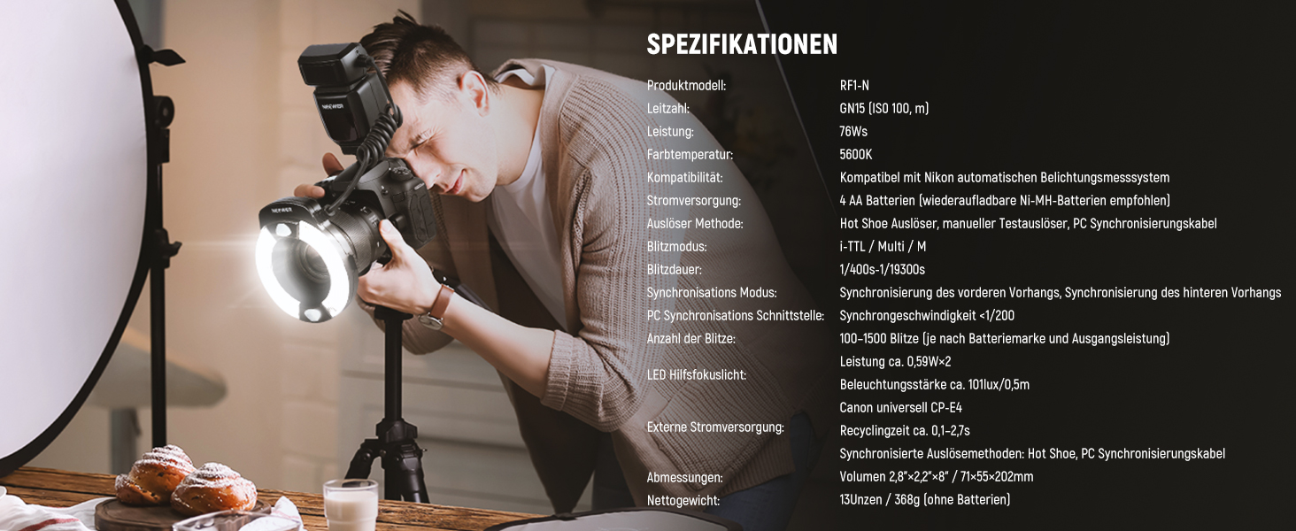 NEEWER RF1-S Макро Спалах кільцеве світло для Sony камери 76W GN15 5600K TTL, 1-1/128, передня/задня синхронізація, кольорові гелі, об'єктивні адаптери, кільця для макрофотографії та студійних фотографій (сумісний з Nikon)