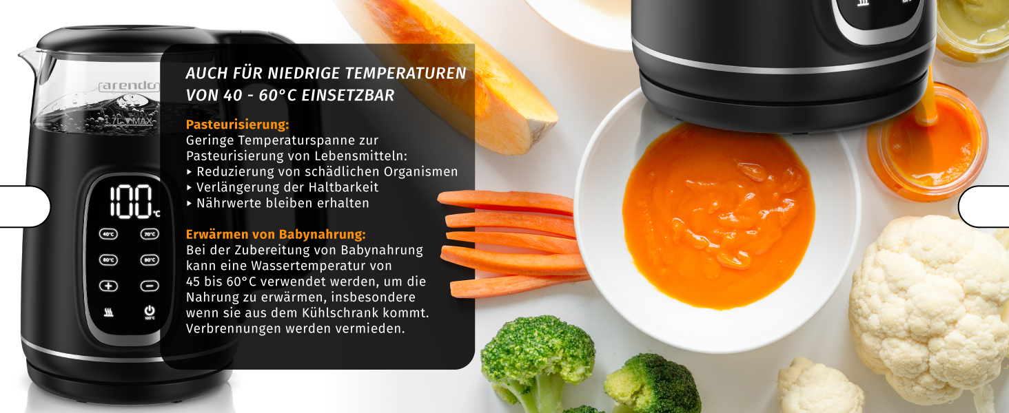 Електричний чайник Arendo зі скляною колбою, регулюванням температури, нержавіючою сталлю, подвійними стінками (Cool Touch), дисплеєм, бездротовим підключенням, 2200 Вт, 1,7 л, захистом від перегріву, функцією підтримання тепла, чорний