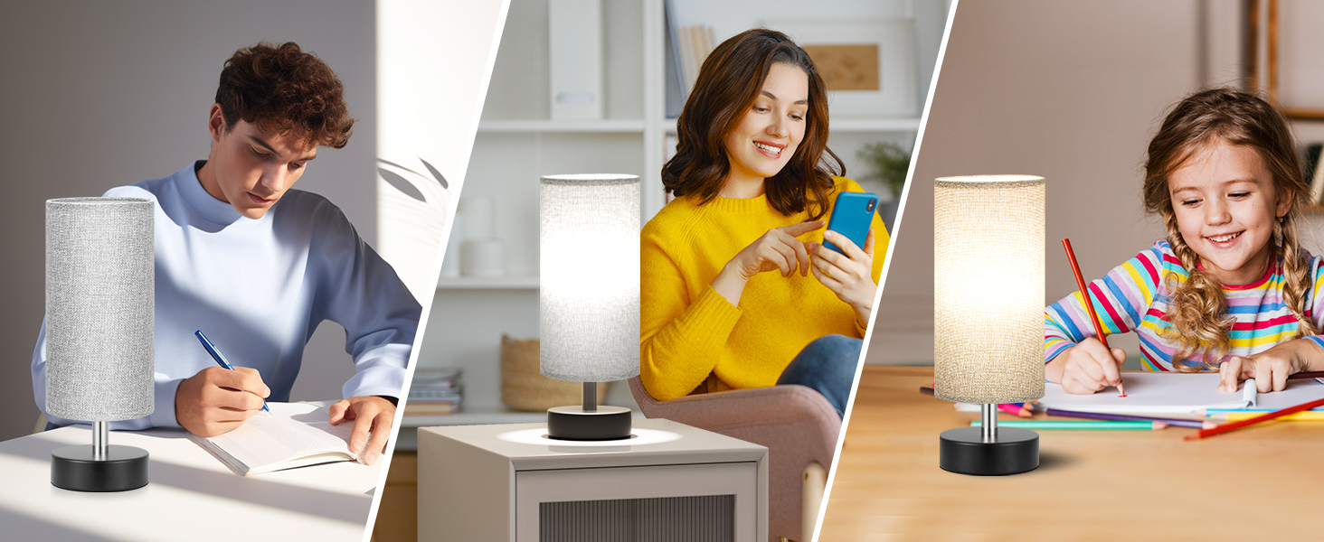 Настільна лампа Kakanuo з 3 режимами кольору, біла, з вимикачем, абажур з льону, для вітальні, спальні, офісу, дитячої кімнати (LED лампа в комплекті), колір: білий+чорний (сірий+чорний)