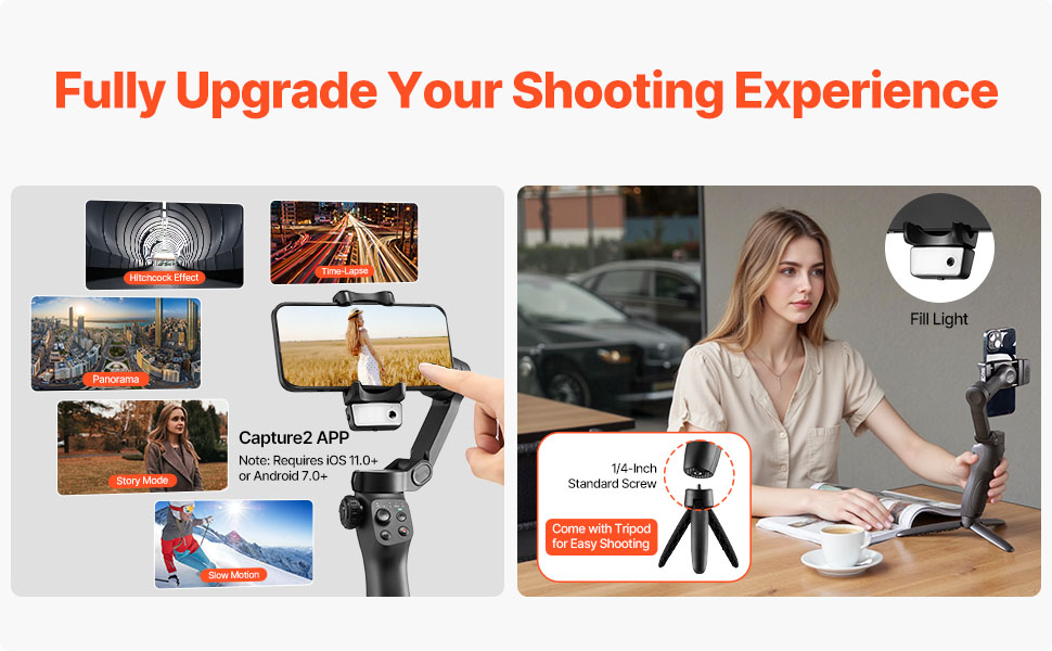 Стабілізатор для смартфона VEVOR з 3-осьовою стабілізацією, трекінг облич/об'єктів, штатив, портативний та складаний, для відеозйомки, DC 3.5–4.2V (без підсвічування, AI-трекінг)