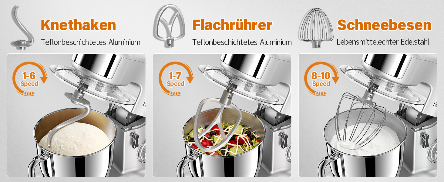 Кухонна машина Facelle 6.5L з нержавіючої сталі, 10 швидкостей + імпульсний режим, міксер для тіста з набором для випічки