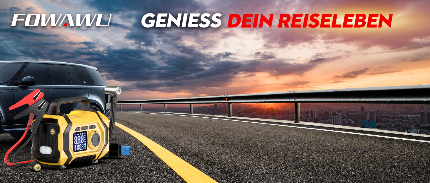 Портативний пусковий пристрій FOWAWU 9-в-1 з компресором, акумулятор 6000A, 26800mAh, 150psi, автовимкнення