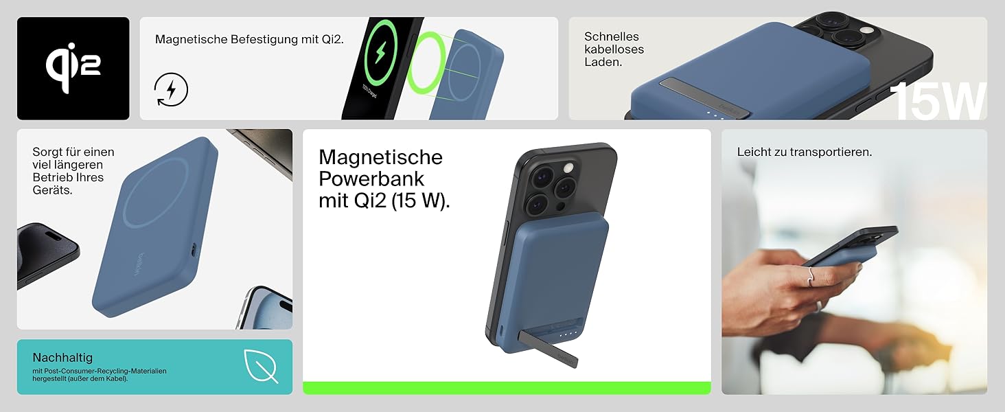 Belkin BoostCharge Pro Powerbank 10000mAh з Qi2 та MagSafe, з вбудованим підсвітником, для iPhone 17, iPhone Air, iPhone 16, 15, 14, Pixel та інших – (5K, Blue)