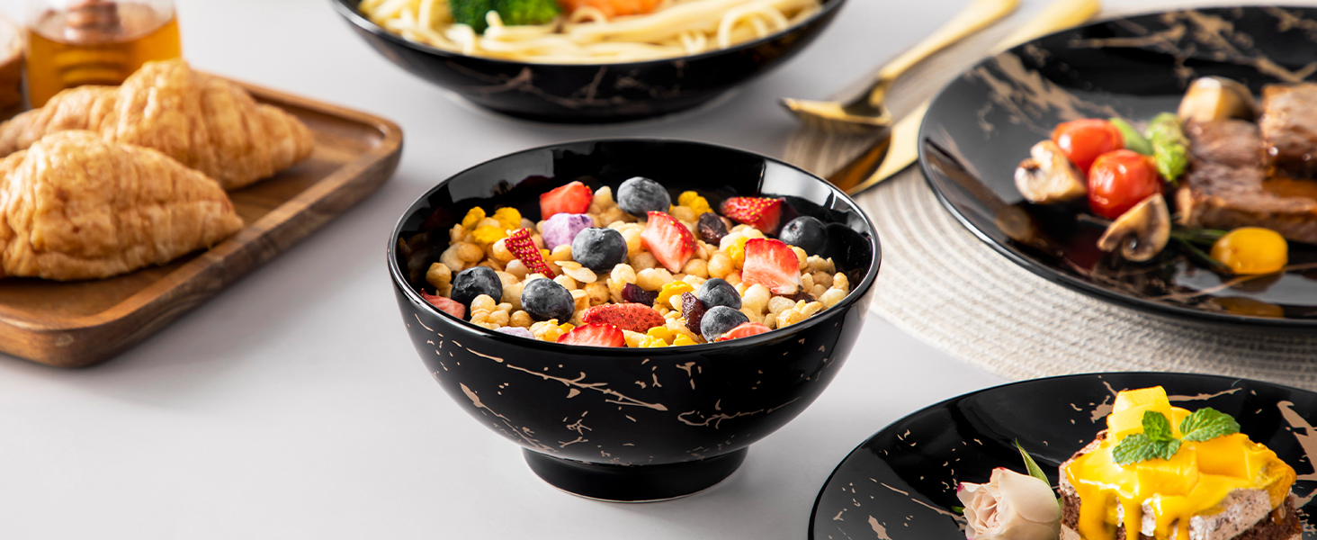 Набір посуду Lovelcasa Sweet Daphne 32-елементний, порцеляновий сервіз з золотим декором для 8 осіб (чорний)