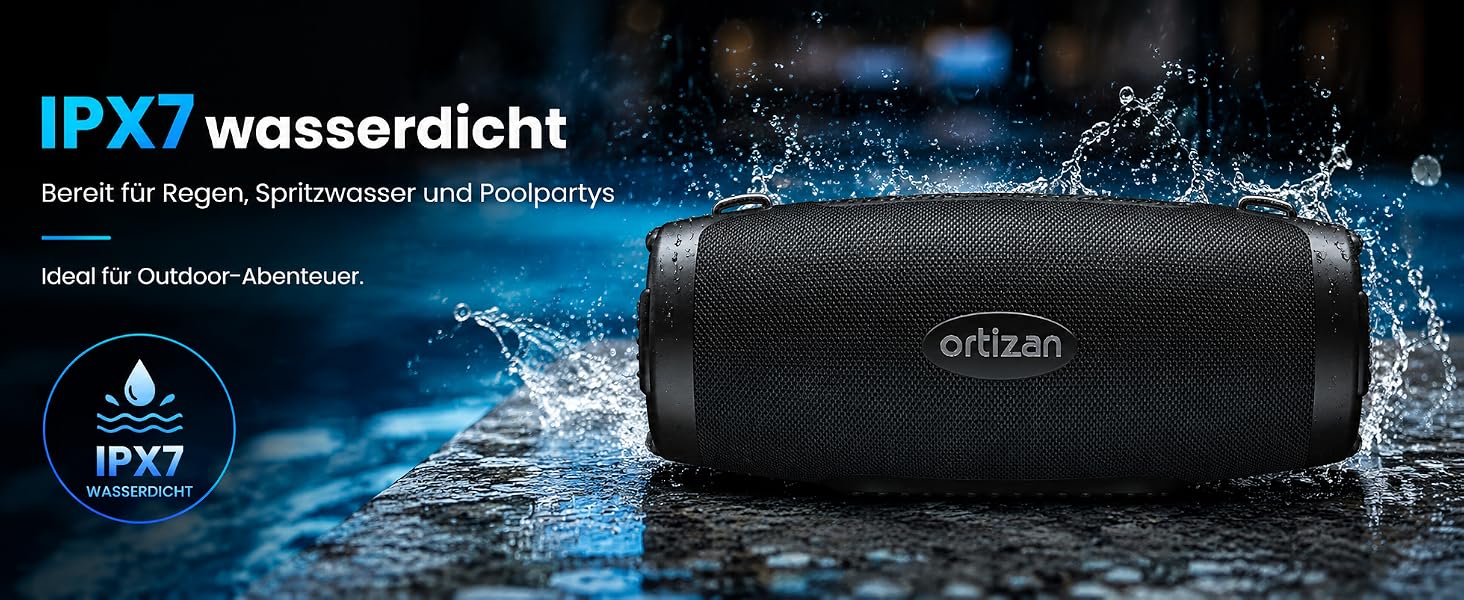Ortizan Bluetooth колонка портативна 80 Вт, чорна: Водонепроникна IPX7, LED-підсвітка, Power Bank, до 12 год. роботи, Extra Bass