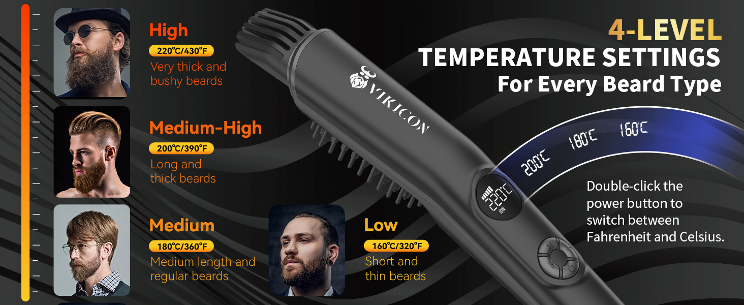 VIKICON 3-in-1 Beard Straightener Brush for Men - Professional Hair Comb & Volumizer with 4 Heat Settings (120-220°C) Iion Beard & Hair Straightening Brush for Home & Travel