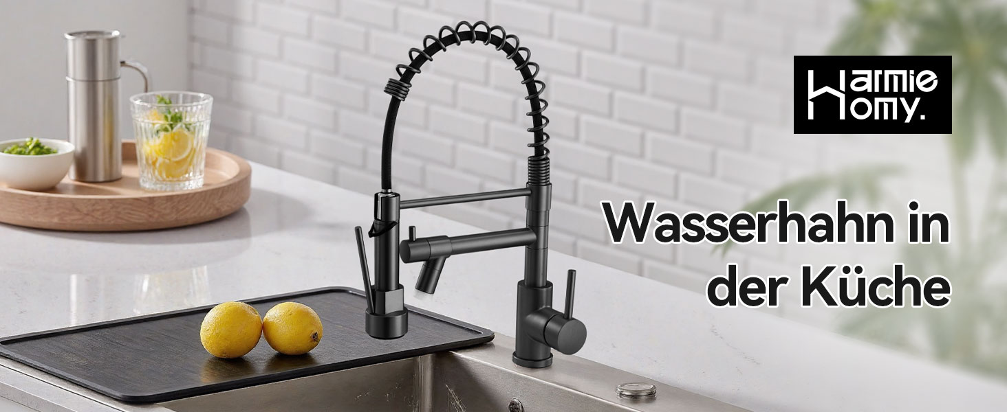 LED кухонний змішувач Warmiehomy з поворотним виливом 360°, 2 виходи, високий вигин, спіральна пружина, чорний