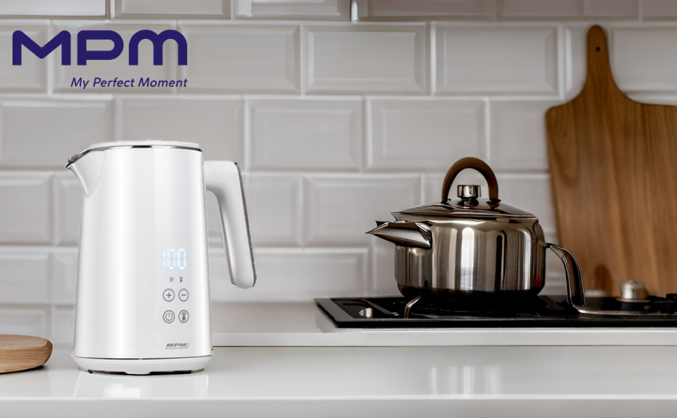 Електричний чайник MPM MCZ-120 1,5L з подвійними стінками, регулюванням температури 40–100°C, нержавіюча сталь, 2200W, тихий, швидкий, сенсорне управління, легкий, елегантний, білий