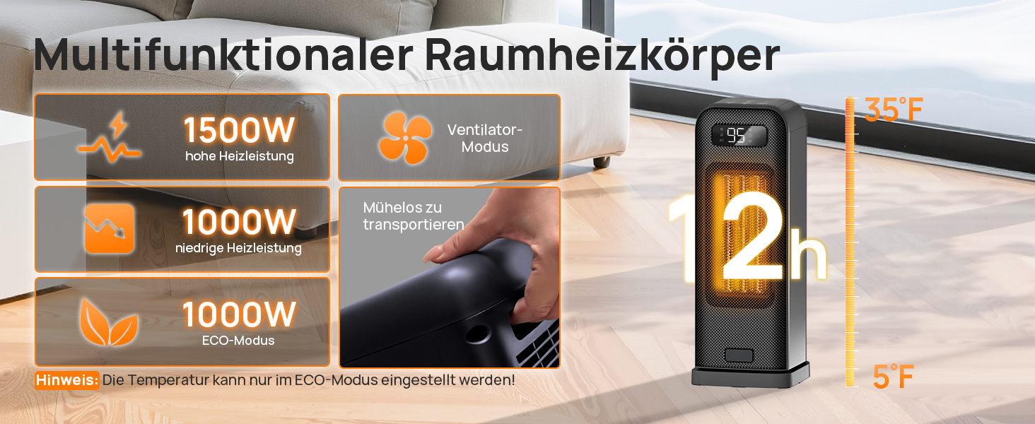 Електричний обігрівач PTC, 2000W, керамічний, тихий, з термостатом та пультом ДУ, ECO режим, 70° осциляція, таймер 12h, захист від перегріву та перекидання, чорний, 1 шт (40см)