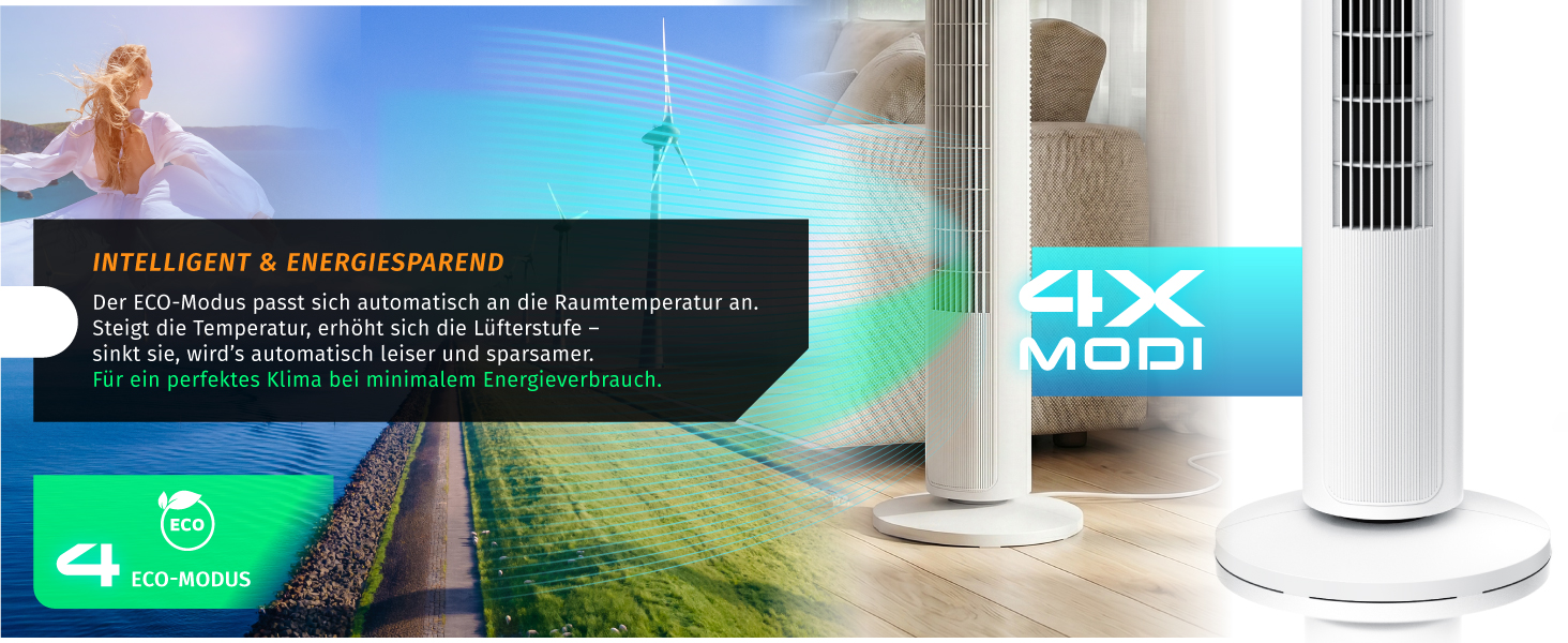 Вентилятор Tower Brandson ECO GREEN – тихий, з пультом, 12 швидкостей, режим сну, білий