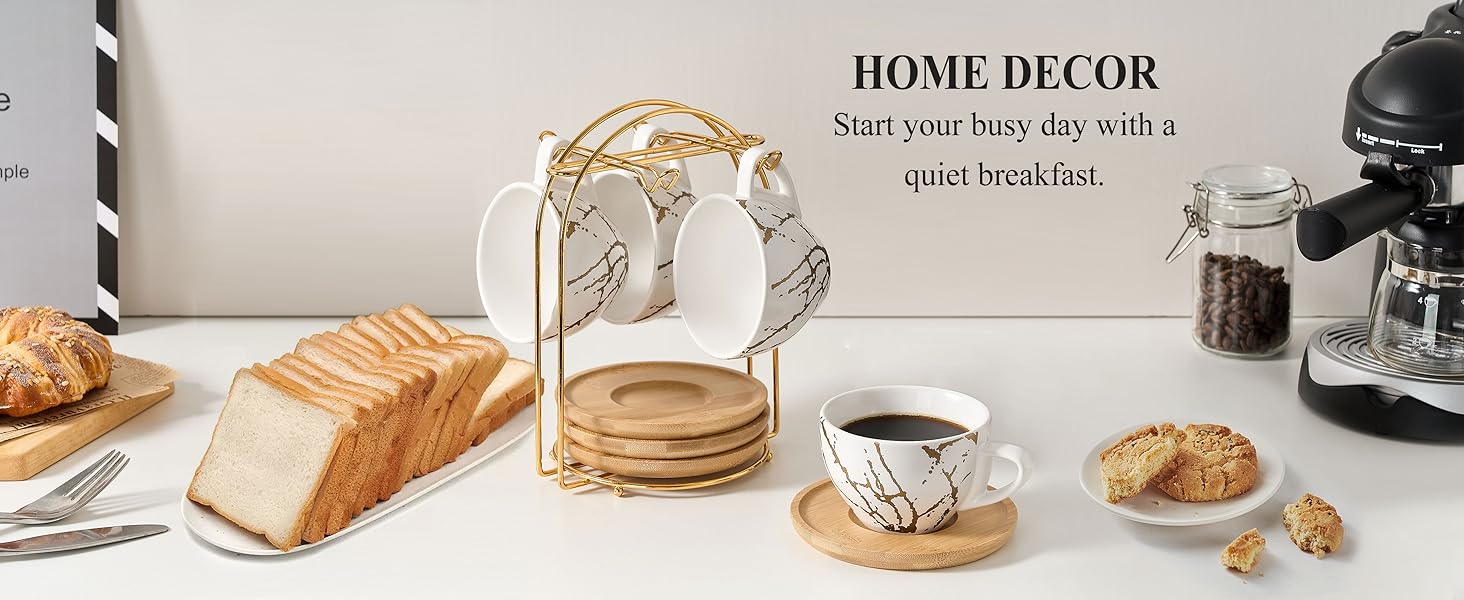 Набір кавових чашок капучіно Home Decor, 4 шт., 220 мл, з металевим підставкою, чорний та білий