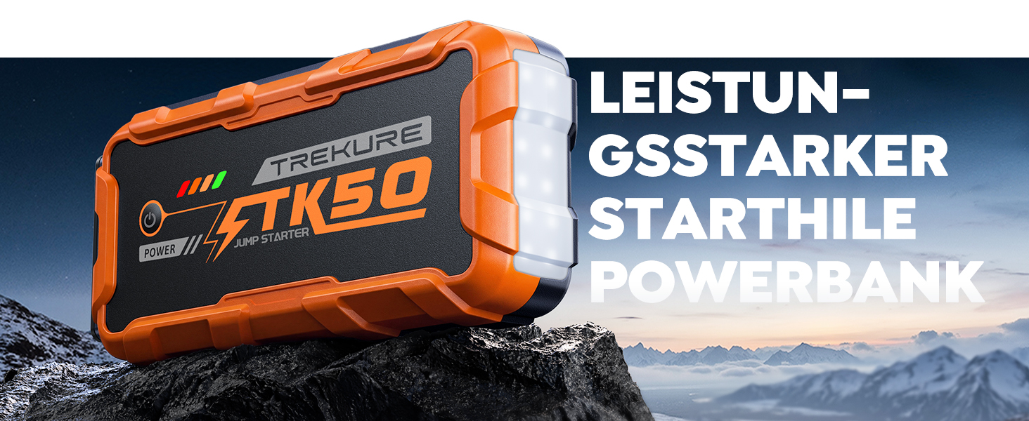 Powerbank для автомобіля 8000A Starthilfe (бензин/дизель 12.0L), 26800mAh, 12V пусковий пристрій з ліхтарем 800 люмен, 2xUSB, посилені кабелі, помаранчевий