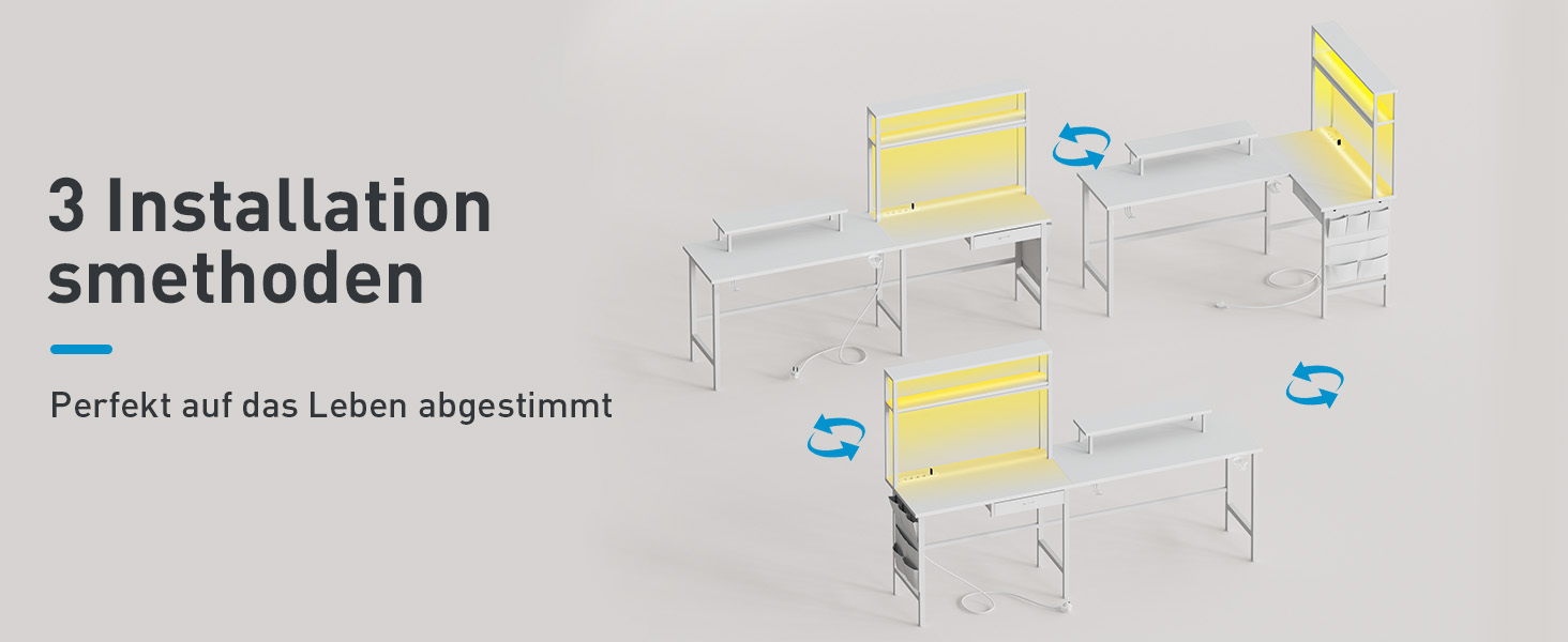 Ігровий стіл кутовий 150x100 см з 3 розетками та 2 USB, зворотний, з LED підсвіткою, з ящиками та підставкою для монітора - для геймінгу, офісу (білий)