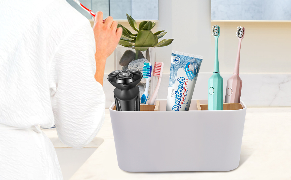 Тримач для зубних щіток з бамбуковими перегородками, органайзер для зубних щіток та пасти, для ванної кімнати, офісу, сім'ї, білий