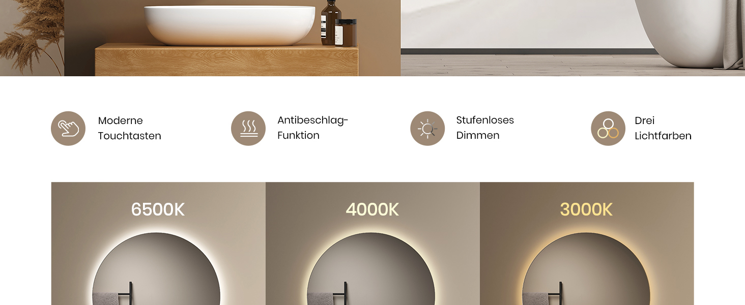 Дзеркало для ванної кімнати EMKE круглої форми з підсвічуванням 80 см - кругле дзеркало з 3 кольорами світла, регулюванням яскравості, сенсорним управлінням, функцією пам'яті та енергозбереженням. Розміри: 80 см x 80 см