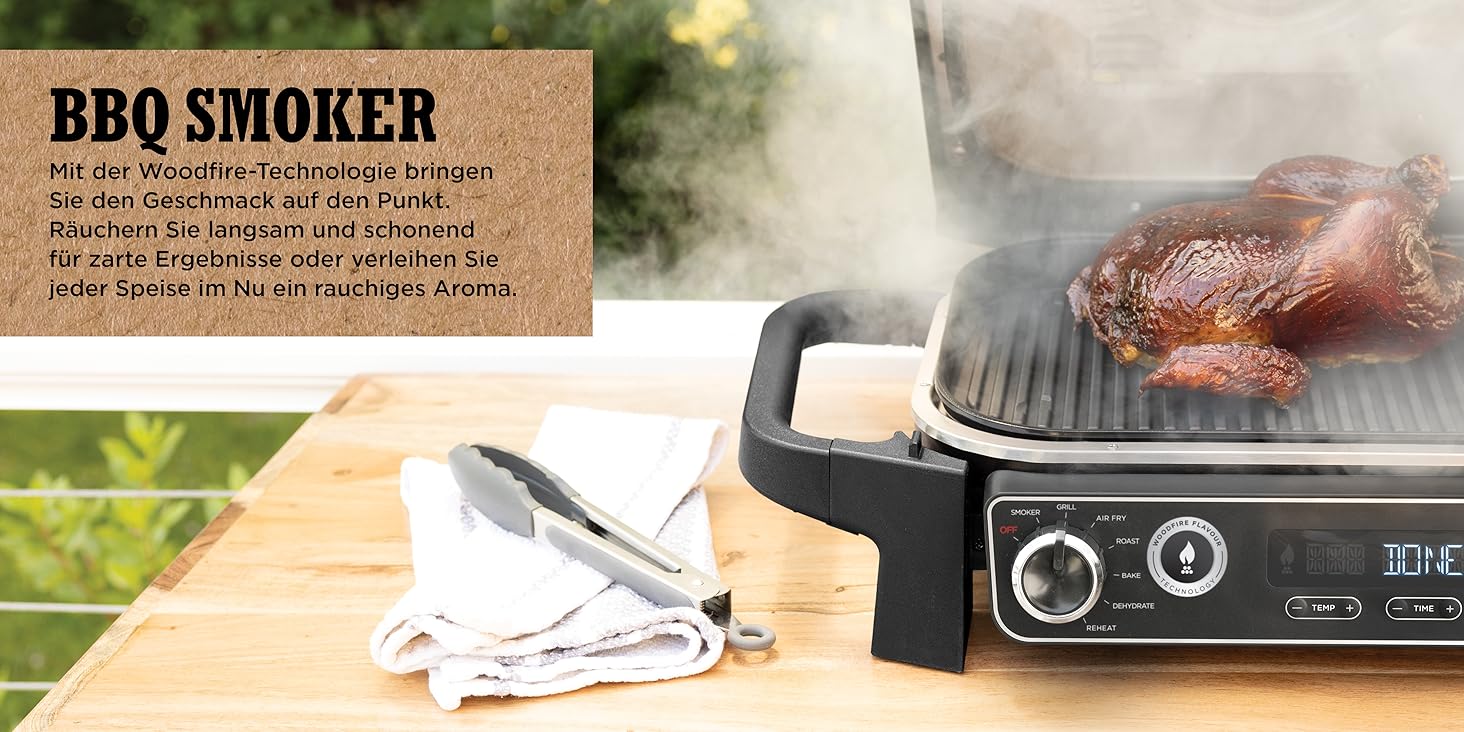 Ninja Woodfire Electric Grill with Smoker & Air Fryer - 7-in-1 Outdoor BBQ Grill - Weatherproof, Non-Stick, Portable - Grey/Black OG701EU