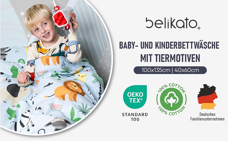 Комплект постільної білизни для дитячого ліжечка Kinder з 100% бавовни (100x135 см) з тваринами. Підходить для хлопчиків, легко періть при 60°C. Включає постільну білизну та подушку (40x60 см).