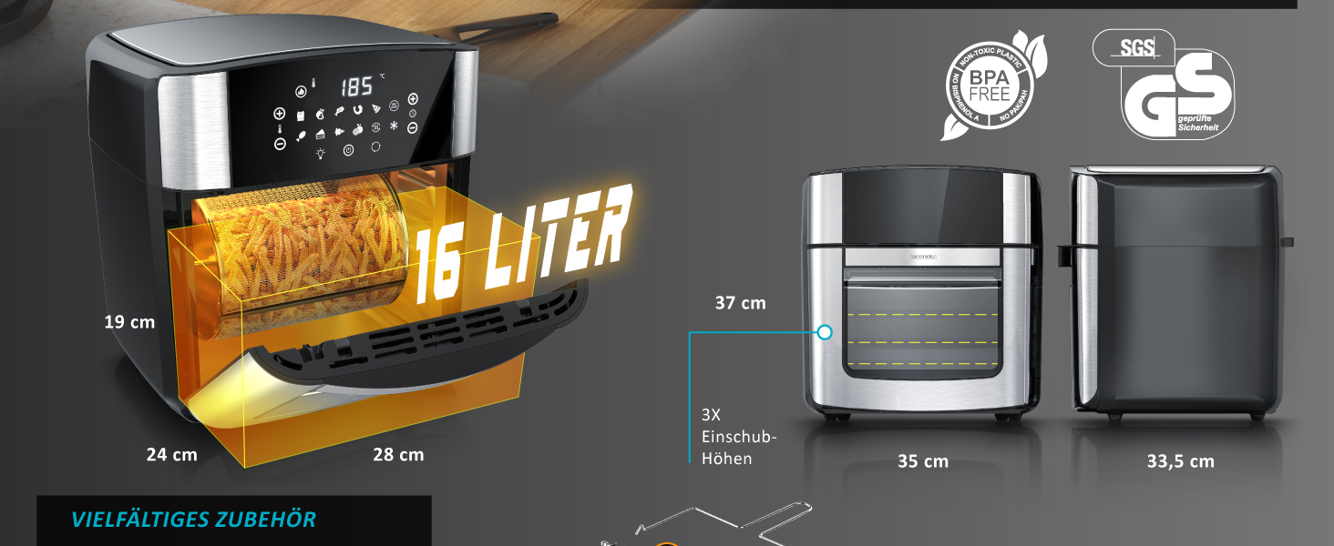 Фритюрниця Arendo XXL 16 літрів: духовка, гриль, сушарка, Air Fryer з сенсорним екраном EasyClean без олії. Ідеально для піци, курки та картоплі фрі. Без BPA.