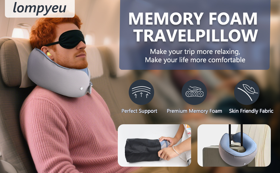 Подушка для шиї у літак, доросла, регульована, з піною з пам'яті, ергономічний дизайн, з чохлом, маскою для очей та навушниками