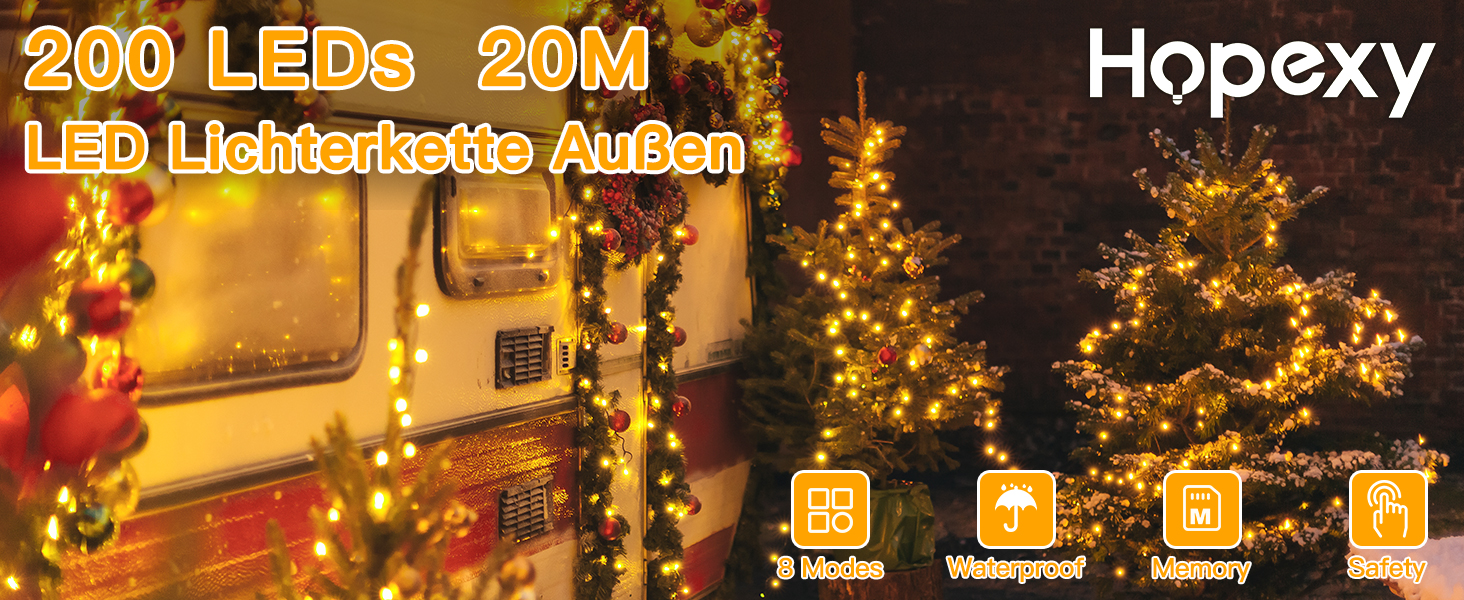 Гірлянда світлодіодна 20 метрів, 200 LED, тепле біле світло, з пультом дистанційного керування, таймером, 8 режимів, IP44, для прикраси саду, балкону, вечірки, весілля, ялинки