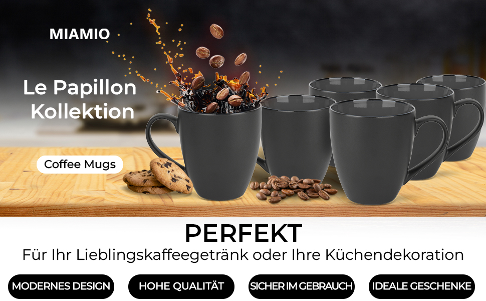 MIAMI - 6 x 350 ml Coffee Cups/Coffee Mugs Set - Set of 6 Modern Cups - Le Papillon Collection (Black)