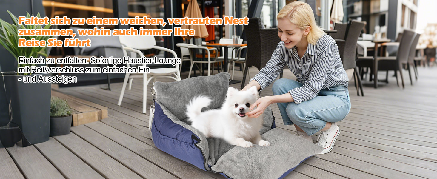 Автокрісло для собак 3-в-1 – переносна ліжко для маленьких собак, з розкладною поверхнею, м'яким матрацом, для переднього або заднього сидіння, внутрішнє та зовнішнє використання (04-Blau)