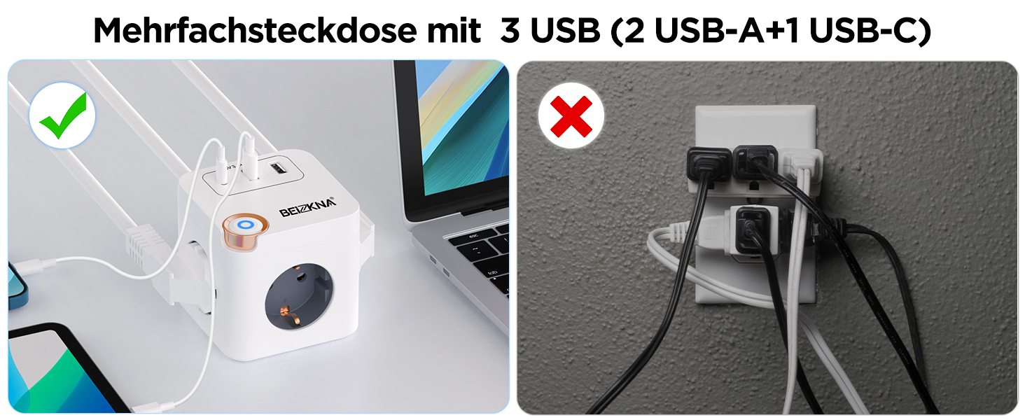 Мережевий концентратор з 4 USB-портами, настінний, 4 розетки, захист від перенапруги, 2 USB-C розетки, вимикач, 4000W, 16A, білий