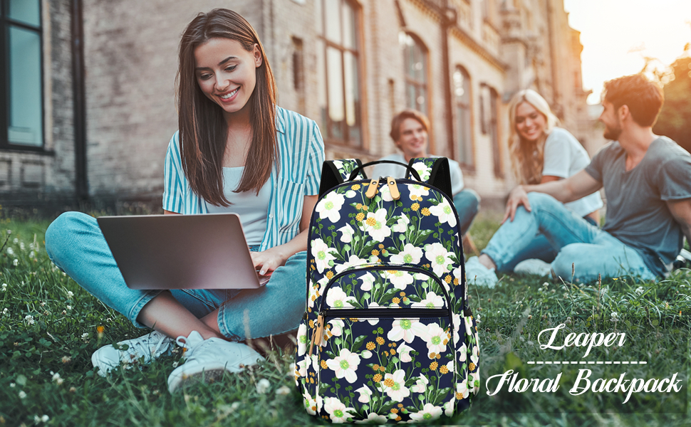 Шкільний рюкзак Leaper з квітковим принтом, сумка-рюкзак, сумочка для книг, дамська сумка 42 л, темно-синій з білим, 2 шт.