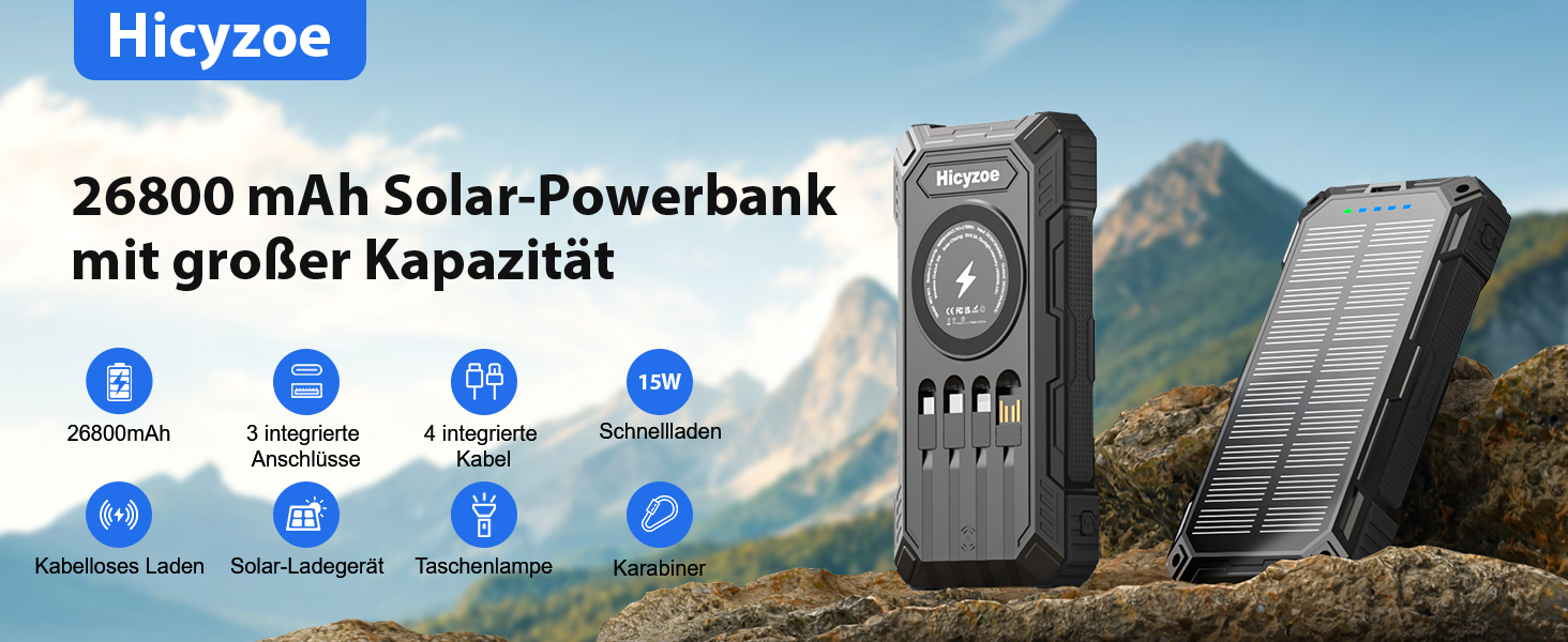 Сонячний повербанк 26800 mAh з 4 кабелями, швидка зарядка USB-C, Qi бездротова зарядка, LED ліхтарик – для телефонів, планшетів, кемпінгу (Чорний)