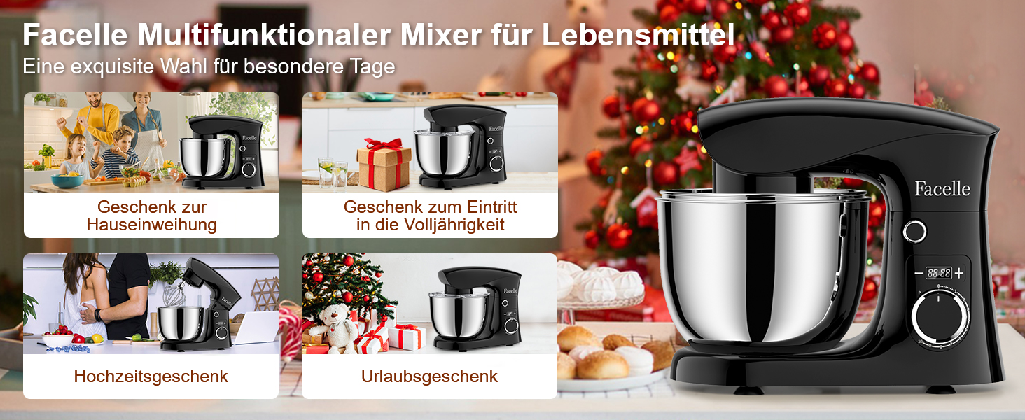 Кухонна машина-міксер Facelle 1500W з чашею 5.5л/4.5л, 10+ програм, чорний