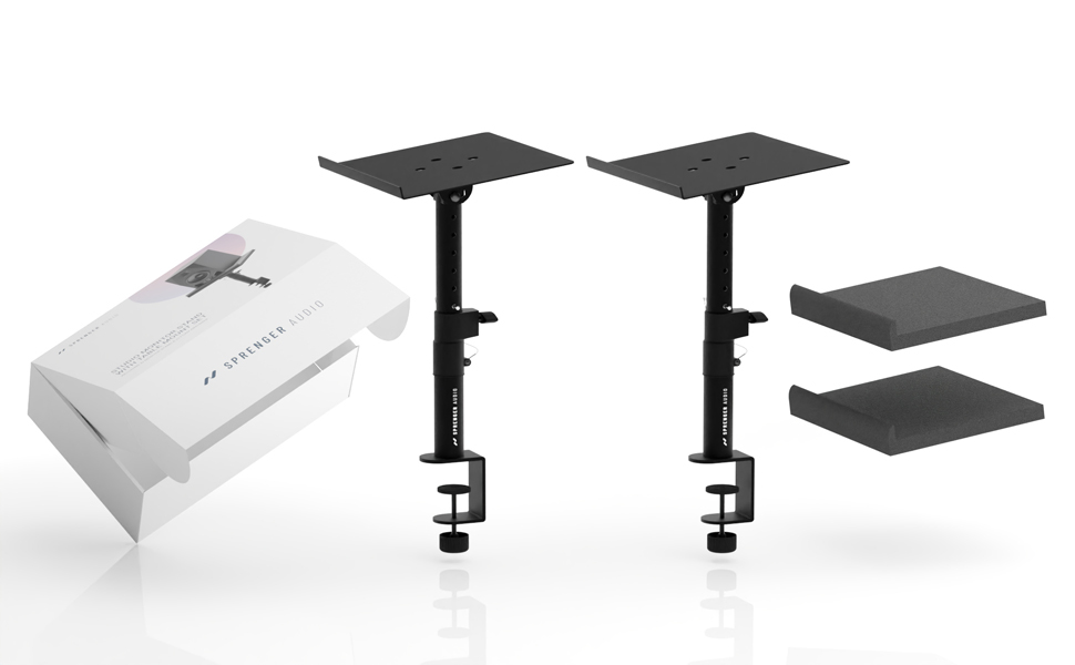 Підставка для динаміків з кріпленням до столу – регульована ±20°, до 28 кг – з демпфером з піни – стабільна та міцна – для студії, столу та DJ-setup – чорний колір