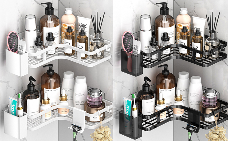 Поличка для душу без свердління, кутова, 2 шт. Органайзер для ванної кімнати з 4 гачками, чорний (A-silver)