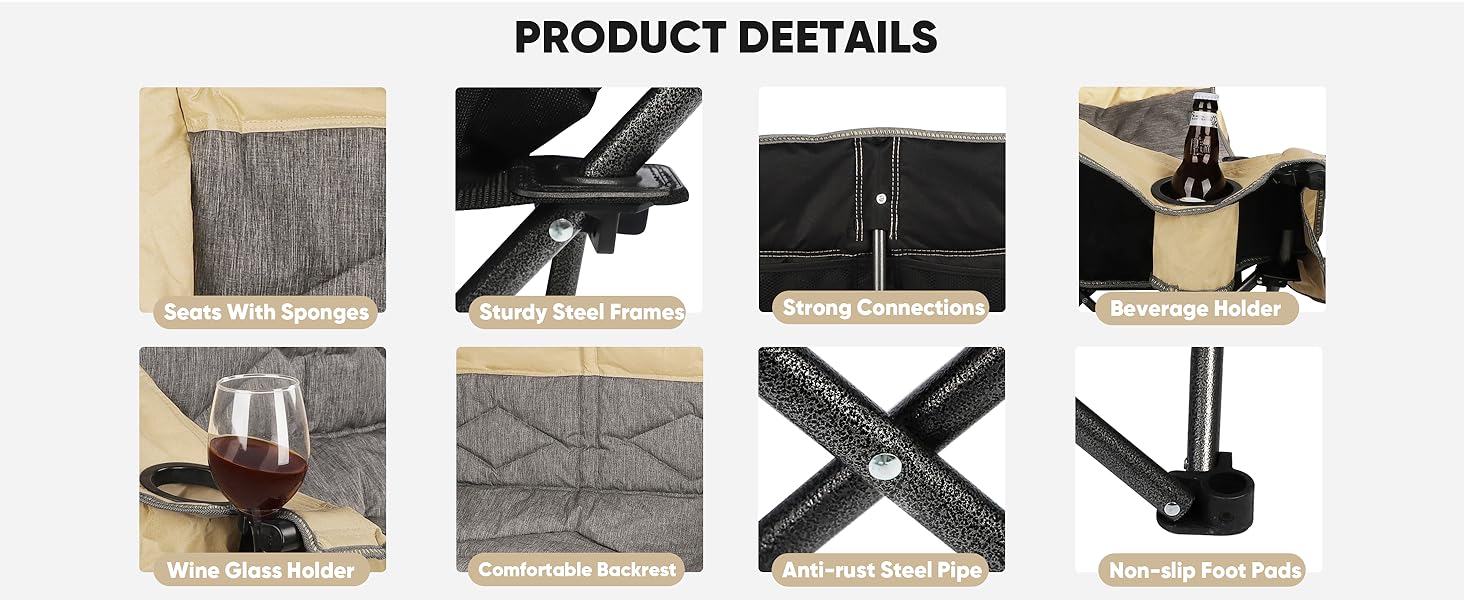 Розкладний диванчик для кемпінгу Northroad на 2 особи, портативний, з підстаканниками та тримачем для келихів, бежевий