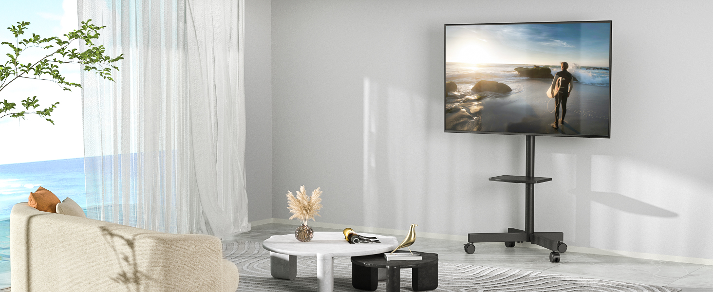 Rolling TV Stand with Wheels - Adjustable Height Mobile TV Trolley for 27-60 inch TVs, VESA 400x400, 40kg Max Weight, White (Black)