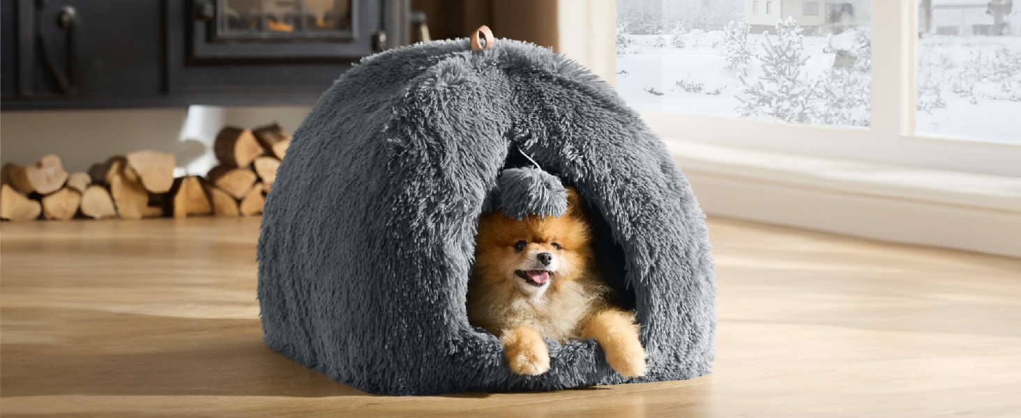 Ліжко для котів BEDSURE велике, 44x44x44 см, сіре. З м'якою подушкою та іграшкою. Легко миється. Внутрішній будиночок для кота.